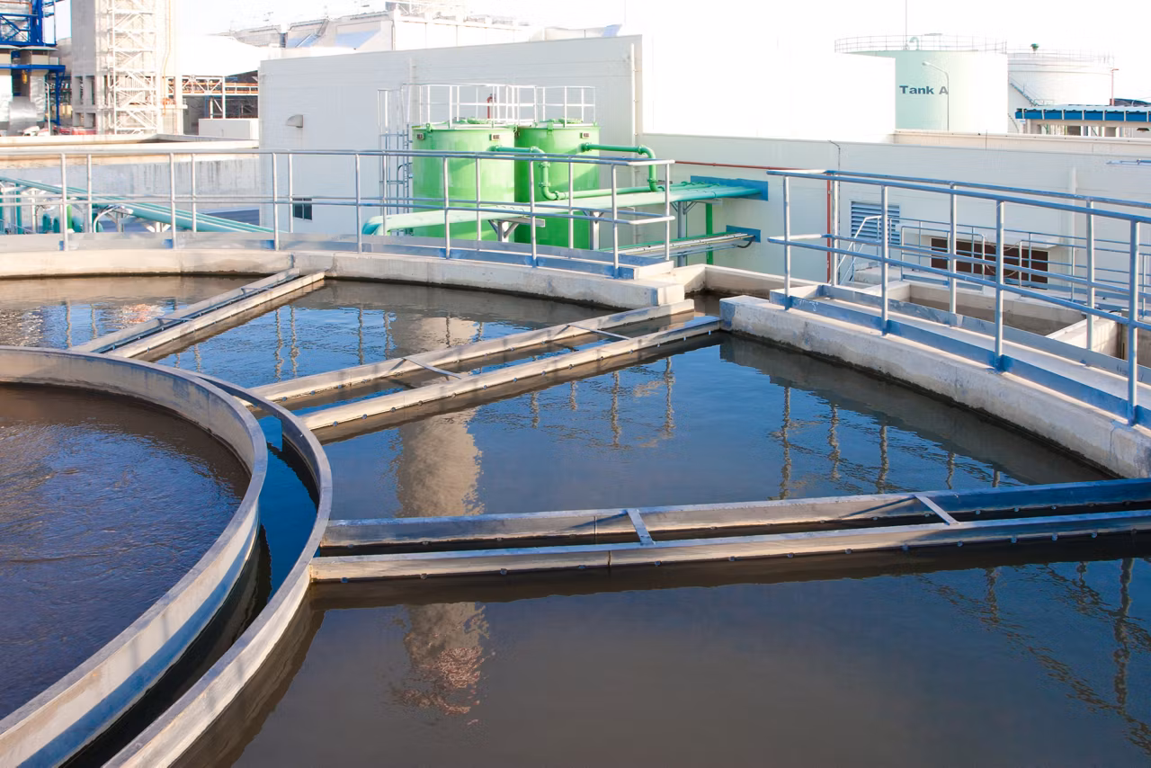 Municipal drinking water treatment plant viewed from above